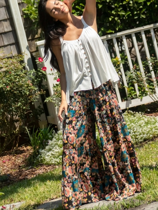NATURAL LIFE Pants - NATURAL LIFE Floral Wide Leg Pants in Black, Teal & Coral